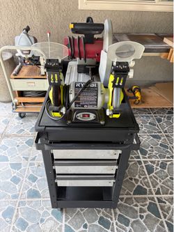 metal shop saw with ryobi bench grinder and custom cart