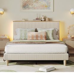Bestier Twin Size Bed Frame Upholstered Corduroy Platform Bed with LED light & Adjustable Storage Headboard for Bedroom, Cream