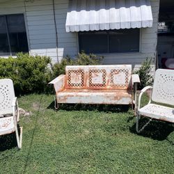 Vintage Outdoor Metal Porch Glider and 2 Chairs 