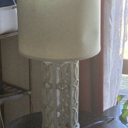 Living Room Set – Mahogany End Tables, Glass Coffee Table & Rustic Lamps.