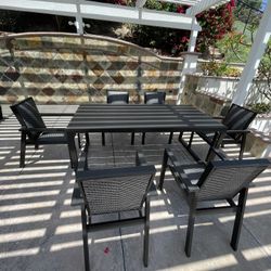 Outdoor dining table, black powder coated aluminum dining table with 6 matching chairs in excellent condition.  Dimensions: 80”L x 40”W x 30”H