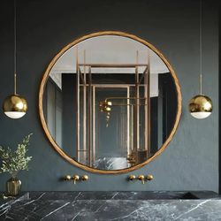 ANDY STAR 30 Inch Hand-Forged Round Gold Mirrors, Hammered Round Bathroom Mirror for Over Sink, Brass Vanity Circle Mirror for Antique, Vintage, Farmh