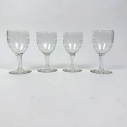 Set of 4 Vintage Anchor Hocking Etched Stemmed Wine Cordial Glasses