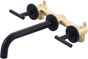 Wall Mount Bathroom Faucet Matte Black Wall Faucet High Flow Two Handles Stainless Steels,Long Spout Reach,Widespread Bathroom Sink Faucet