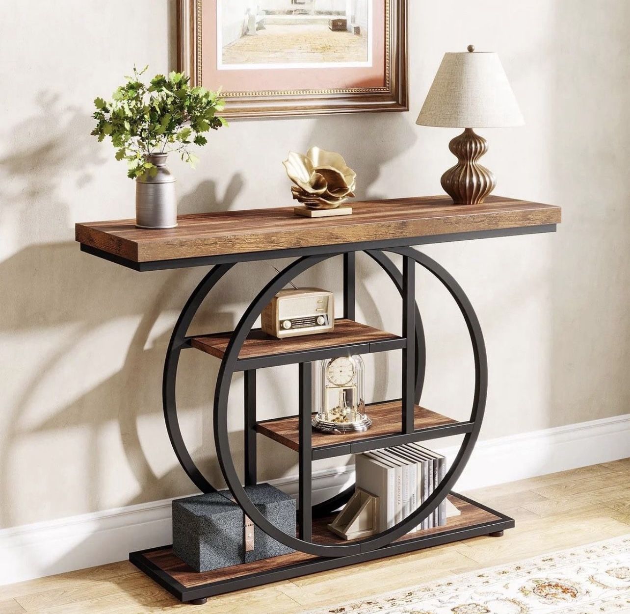 41.3" Console Table, Industrial 4-Tier Sofa Entryway Table with Circle Base