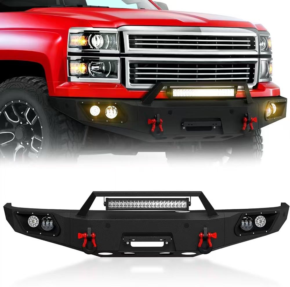 Pickup Truck Front Bumper Compatible with 2014 2015 Chevy Silverado 1500 Off-Road Bumper Equipped with 5 x LED Lights, License Plate Bracket, Winch Pl