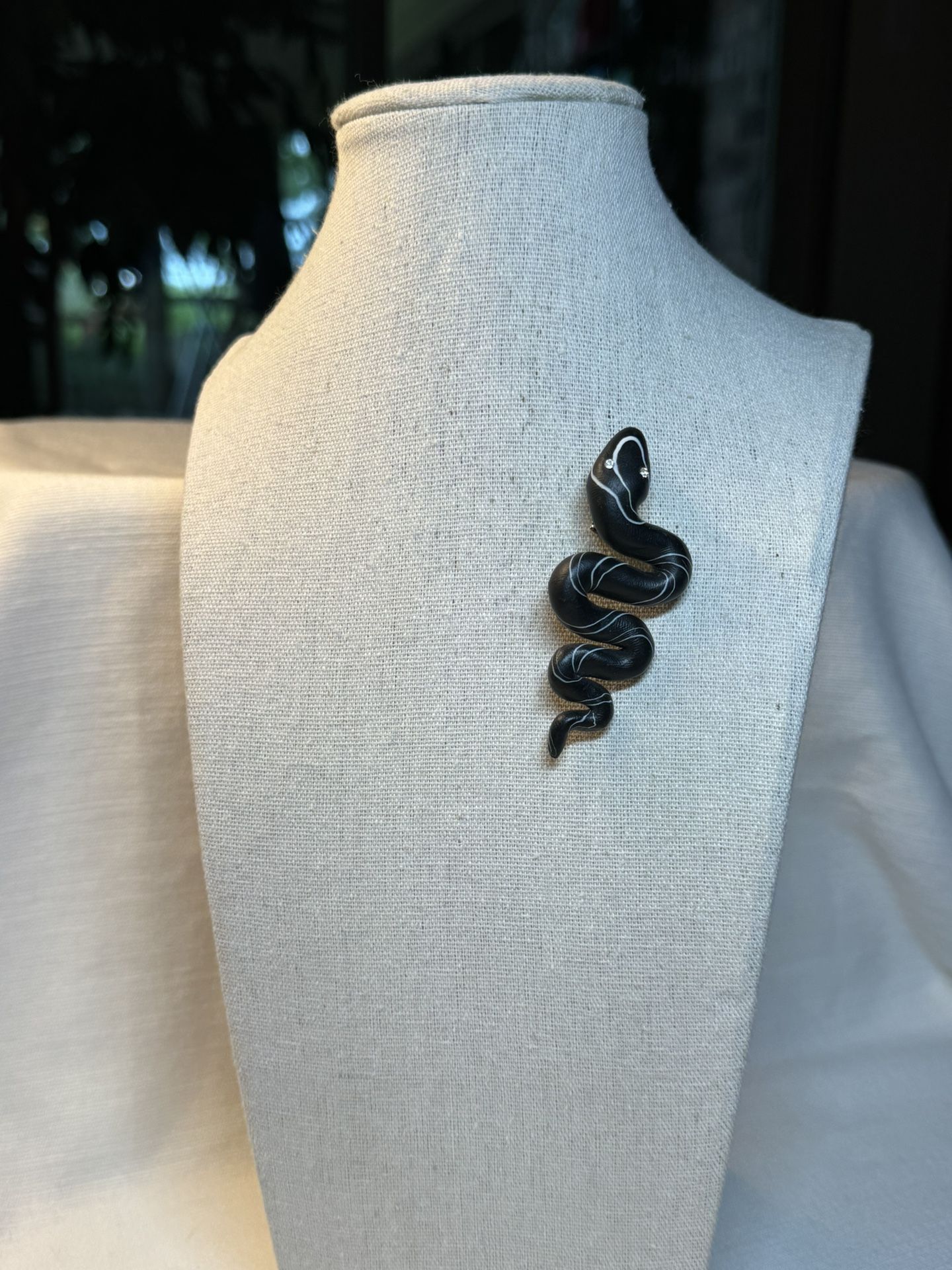 Artisan Clay Black and White Snake Serpent Brooch Woth Rhinstone Eyes