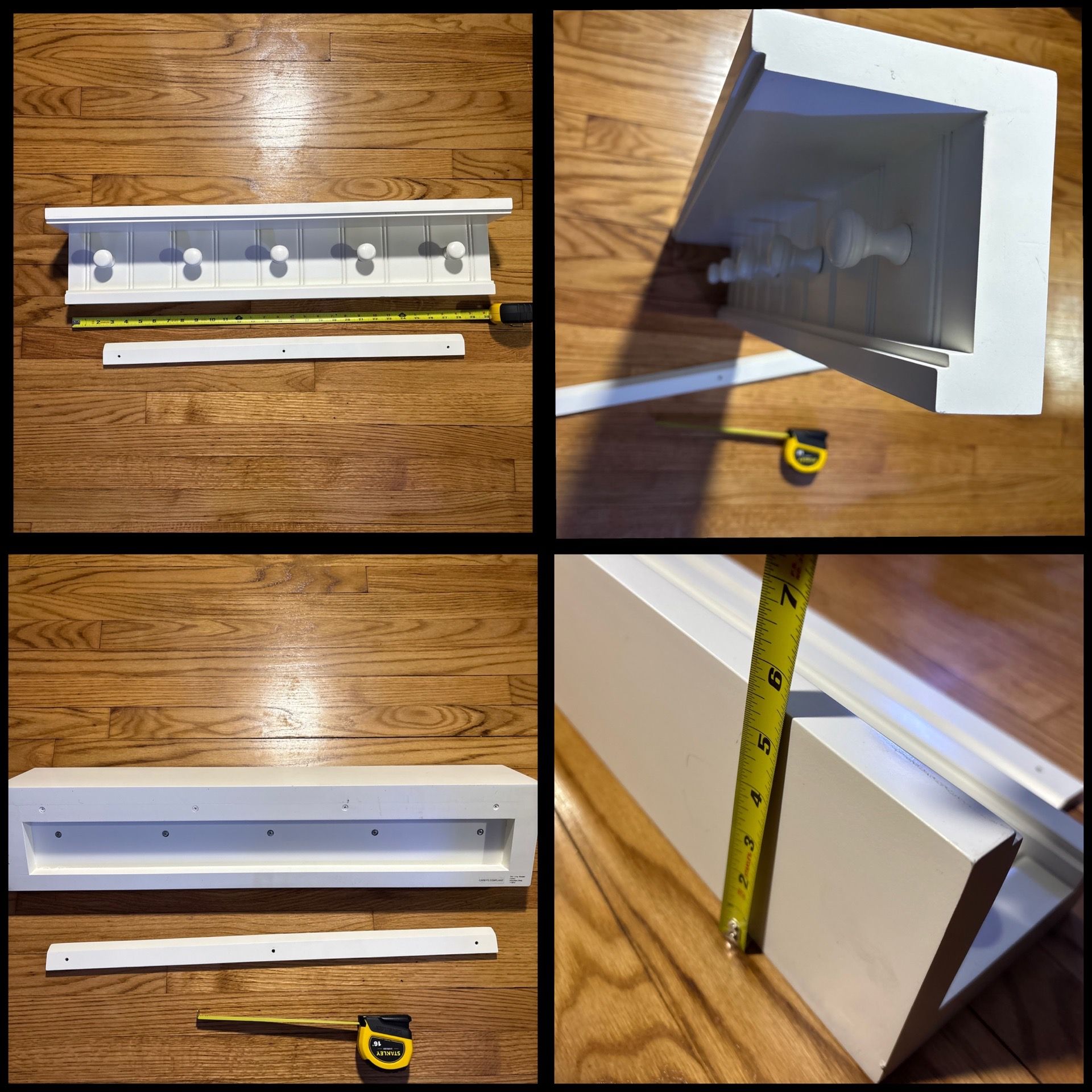 white wall-mounted coat rack with five shaker-style pegs and a top shelf. 30x6x6