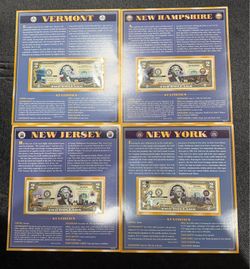 4 uncirculated  colorized 2$ bills State Variety: Vermont, New Hampshire, New Jersey, New York