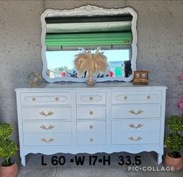 French provincial dresser with mirror refinished white and gold pulls 9 drawers