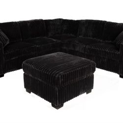 $0 Down! Corduroy Black Sectional With Ottoman