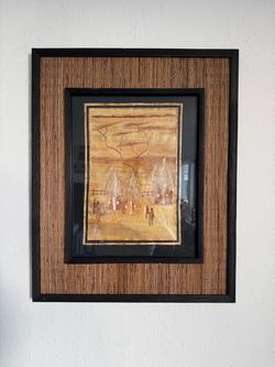 Handmade Aaron Brothers Vintage African Village Scene Dry Banana Leaf Wall Art 21"x17"