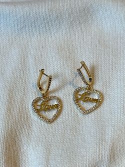 Heart-shaped LOVE Gold tone Dangling Earrings with STONES around