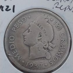 1937 Silver Dominican Republic 1/2 Peso