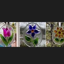 Set Trio Flowers Stained Glass Sun Catchers