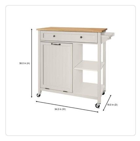 Bainport Ivory Wooden Rolling Kitchen Cart Butcher Block Top and Trash Storage