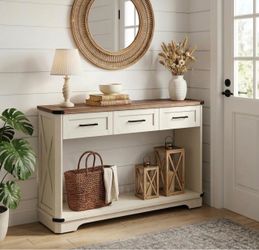 White Farmhouse 3 Drawer Console Table Narrow Sofa Table