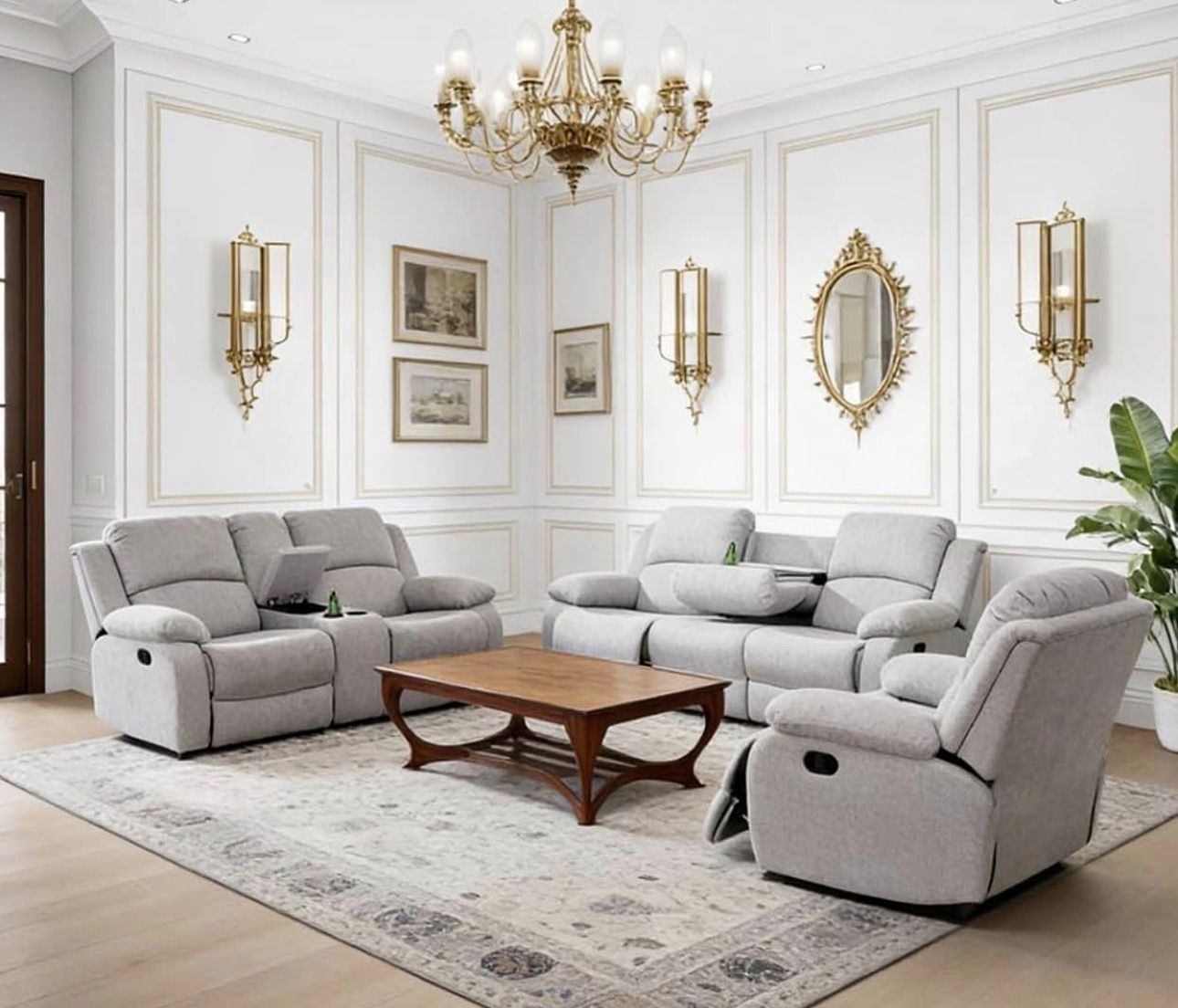 Gray chenille fully reclining three piece couch set