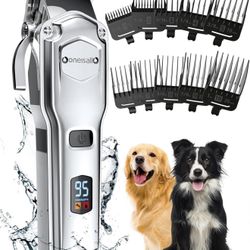 oneisall Dog Clippers for Grooming for Thick Heavy Coats/Low Noise Rechargeable Cordless Pet Shaver with Stainless Steel Blade/Waterproof Dog Shaver f