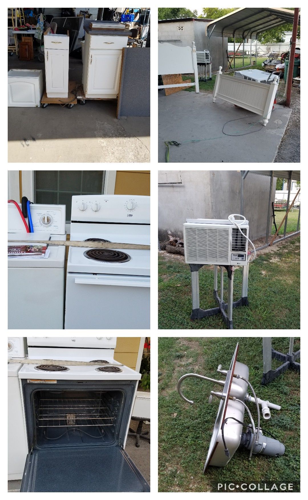 Appliances, stove elect $75, washer $75, dryer $75. Bed(queen head & footboard & frame $50, kitchen sink SS double w/ faucet $50, kit. Cabinets $100