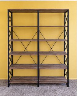Large Industrial-Style Double Bookcase – Rustic Wood & Black Metal