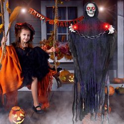  74'' Halloween Animatronics Hanging Grim Reaper with Chain, Spooky Halloween Skeleton Flying Ghost Light Up Eyes Sound Activated, Halloween Outdoor D