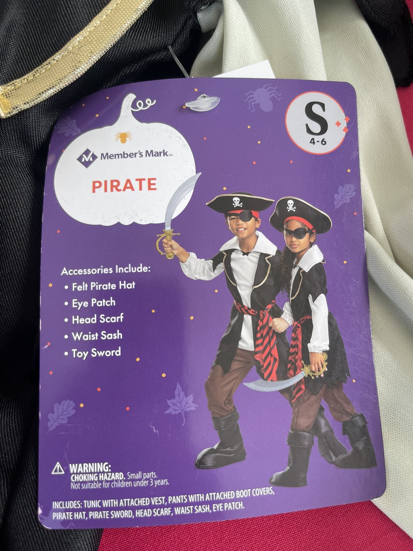 Pirate costume for children, size small (4-6).