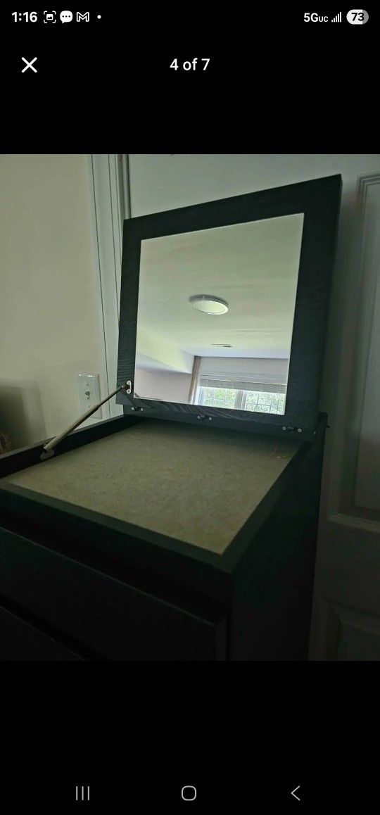 Ikea Malm Tall Dresser w/ Jewelry Box & Mirror Top. Used with some minor damage due to mounting on the wall.