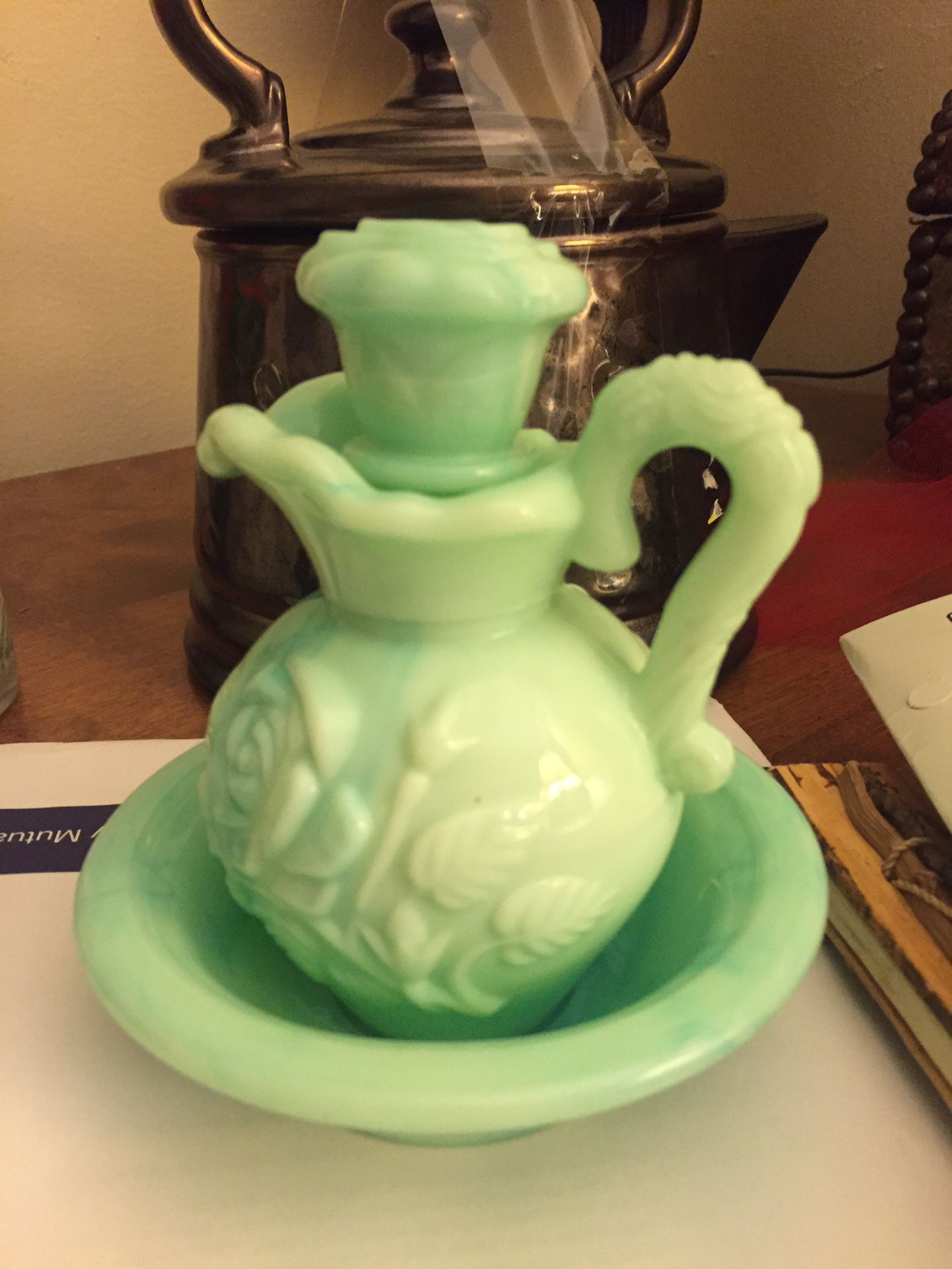 Small antique Avon green glass pitcher