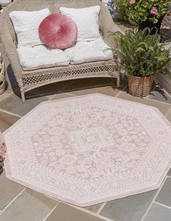Pink/Ivory Vintage Outdoor Aztec Rug - (5' 3" Octagon, Pink/ Ivory) - all NEW
