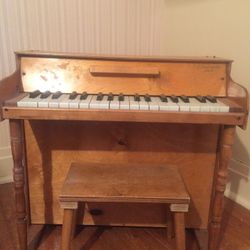 Antique Casspinette Child's Toy Wooden Piano with Bench