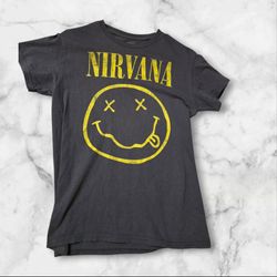 Nirvana Smiley Face Logo Black T-Shirt 100% Cotton Size S Rock & Pop