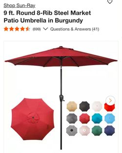9 ft. Round 8-Rib Steel Market
Patio Umbrella in Burgundy
$45