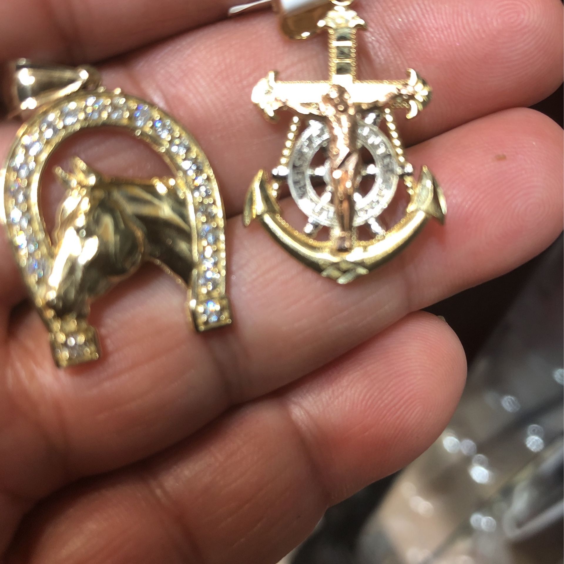 10kt Gold Pendant Horseshoe for good luck and Anchor Tri Color