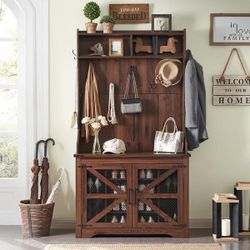 Farmhouse Entryway Bench w/ Coat Rack, 12 Shoe Cubbies & 7 Coat Hooks Hall Tree with Shoe Storage Bench, Mudroom Storage Cabinet