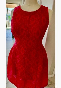 Eva Mendes by New York & Company Red Jacquard Sleeveless High Neck Fit & Flare Sheath Dress.