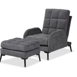 Contemporary Grey Velvet Fabric Upholstered and Black Metal 2-Piece Lounge Chair and Ottoman Set