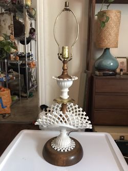 Vintage milk glass, brass, and wood 2ft lamp