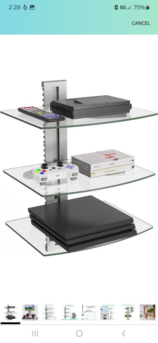WALI Floating Entertainment Center Shelves, Holds Up to 17.6lbs, TV Shelf with Strengthened Tempered Glasses for DVD Players, Cable Boxes, Games Conso