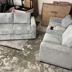 New Corduroy Couch / Love Seat.  Grey.  77x33x34H; 65x33x34H.  Free Delivery!