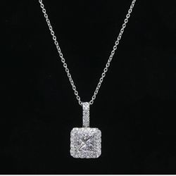 Princess Cut Diamond Pendant Necklace Halo Design in 14k White Gold