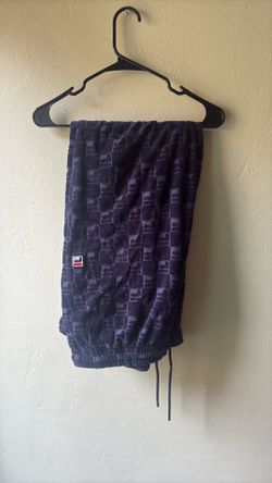 FILA Velour Joggers XXL Navy Blue All Over Logo Embossed Track Pants Y2K Vintage