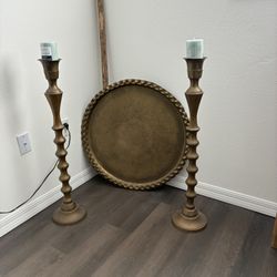 Brass Candle Holders And Decorative Tray