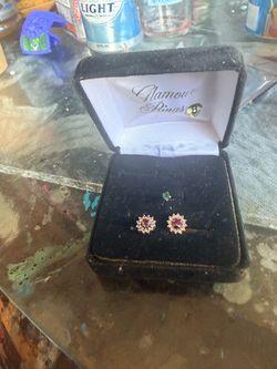 Red Stone Halo Stud Earrings Pair