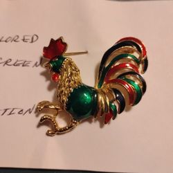 Jewelry - Rooster Pin/Brooch Red/Green Enamel 