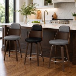 Set of 3 Swivel Bar Stools / Counter Height Chairs – Dark Wood, Gray & Black Cushions