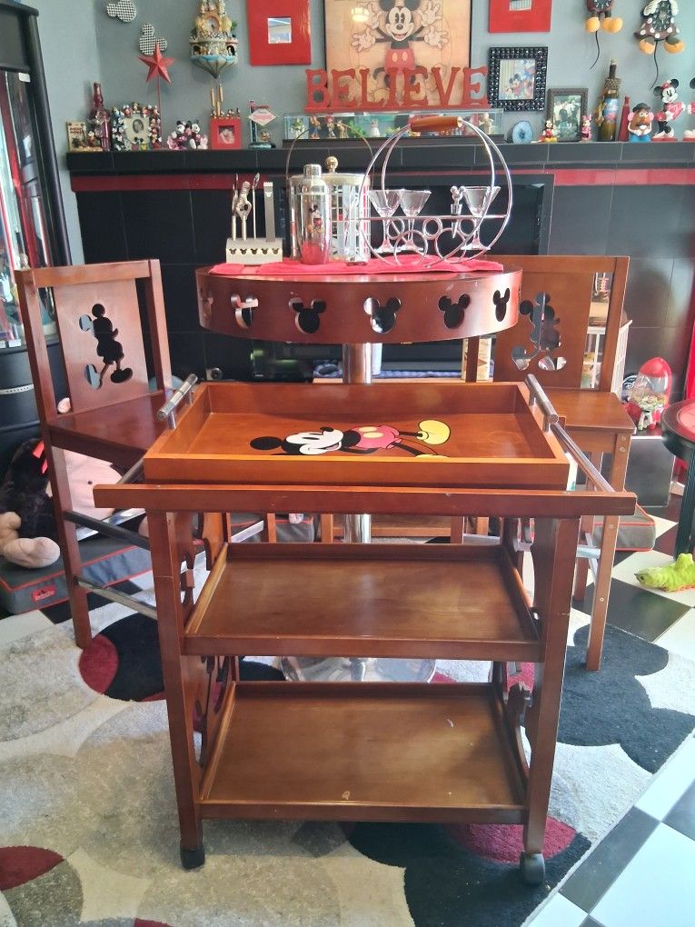 VTG, Disney Mickey Bar Table & 2 Stool set and bar cart with accessories all Wood.