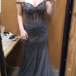 Charcoal grey beaded and lace prom dress