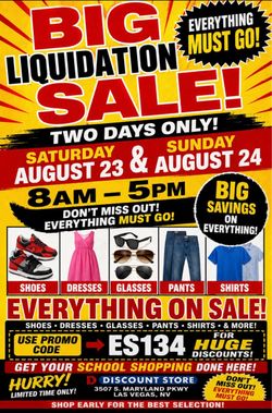 HUGE LIQUIDATION SALE EVERYTHING MUST GO GREAT DISCOUNTS FINISH ALL YOUR SCHOOL SHOPPING HERE BE SURE TO USE PROMO CODE ES134