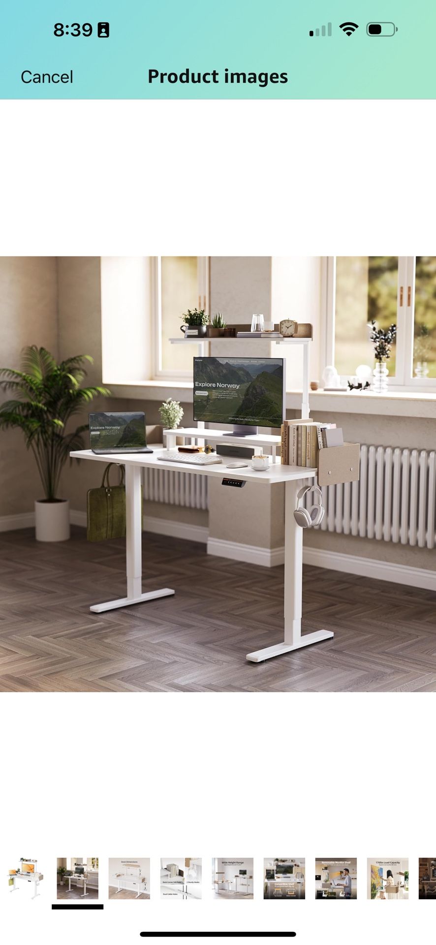 New Standing Desk w/ Motor & Monitor Shelf – 55”, White, Modern